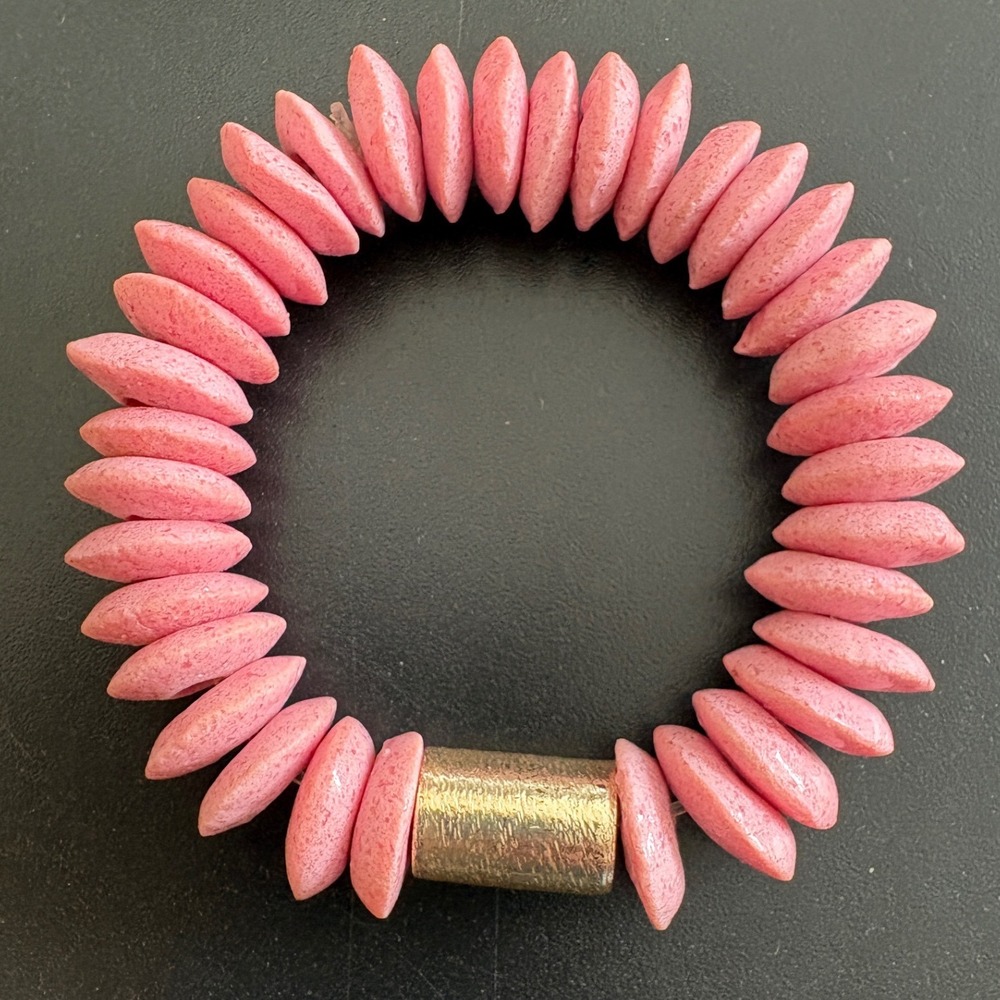 Handmade Ashanti Glass Bead Stretch Bracelet Pink & Gold